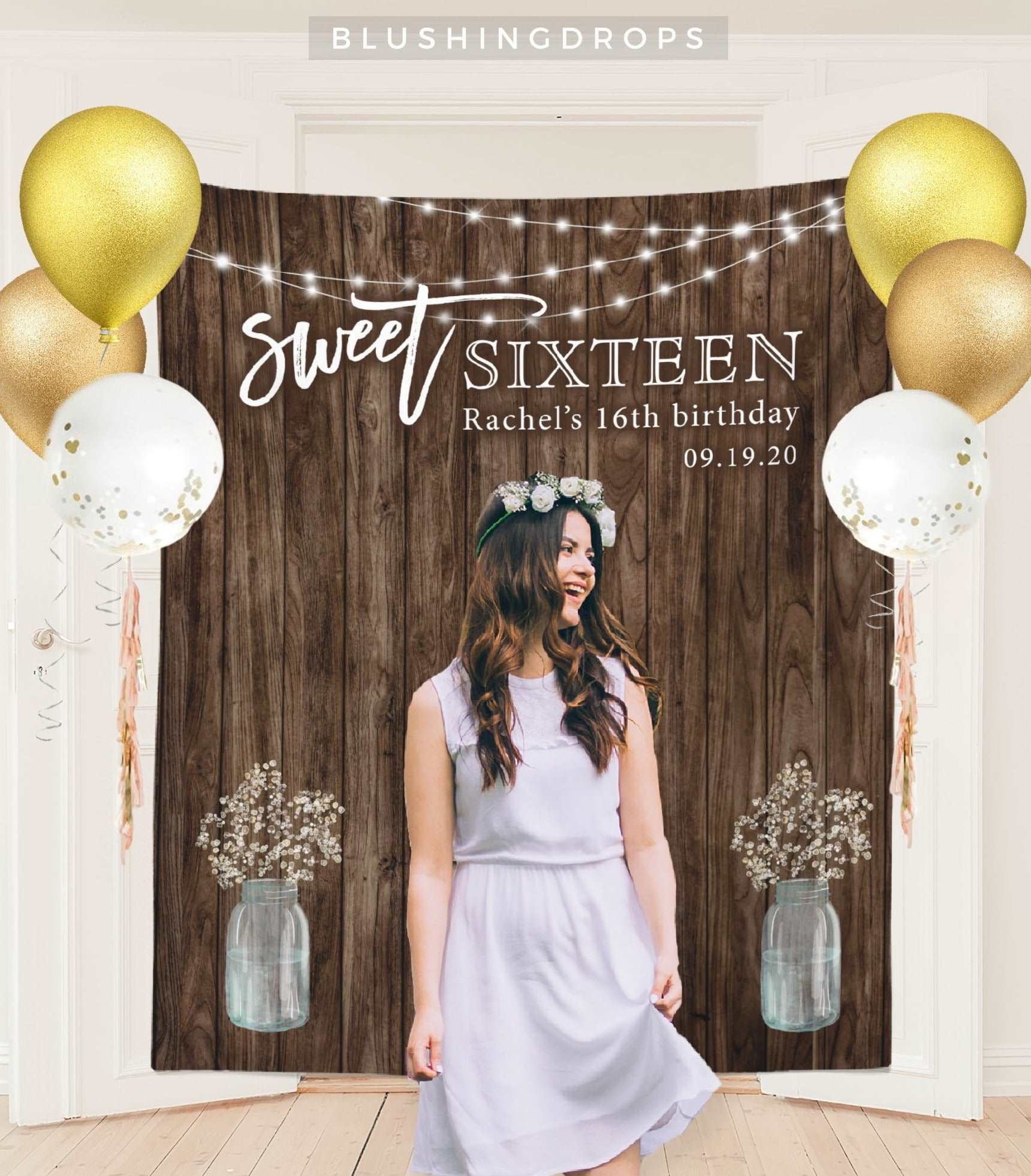 Rustic Sweet 16 Party Backdrop Decoration for Girl Blushingdrops