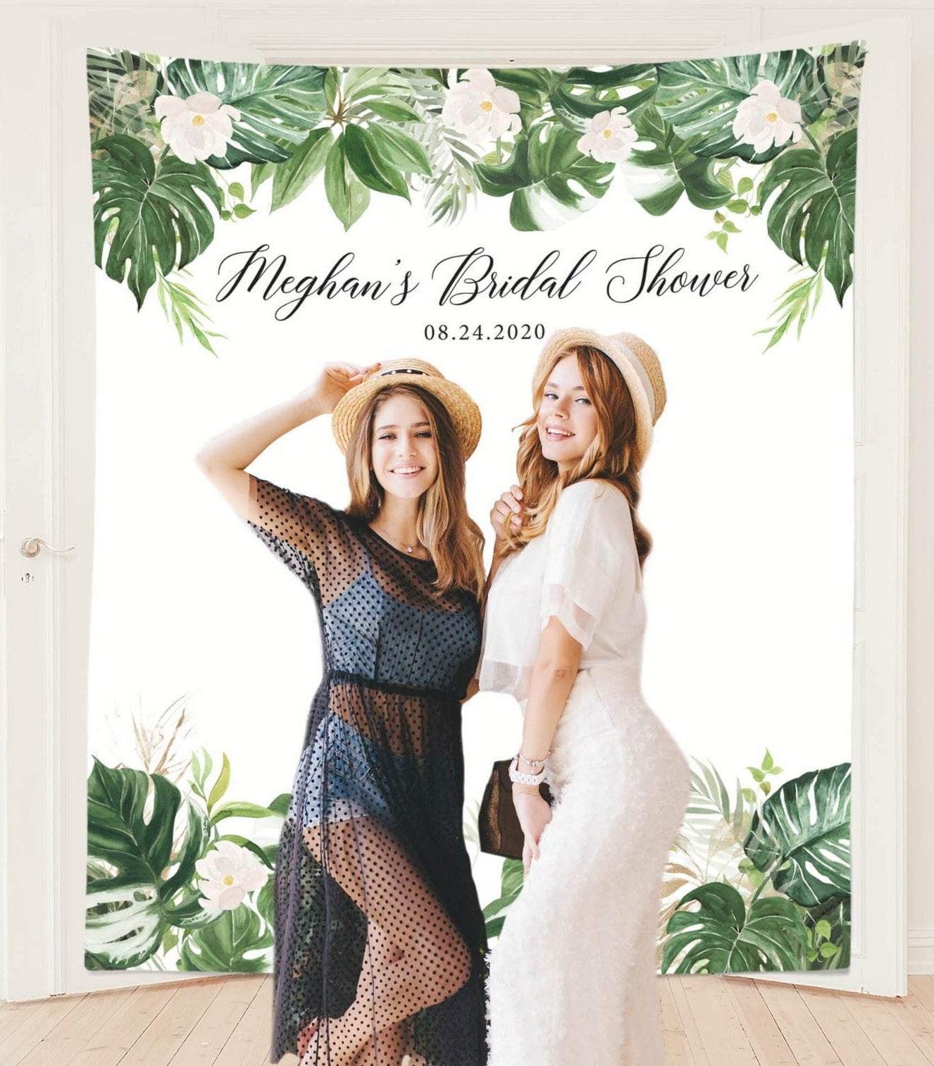 Tropical Leaves Bridal Shower Photo Backdrop BlushingDrops