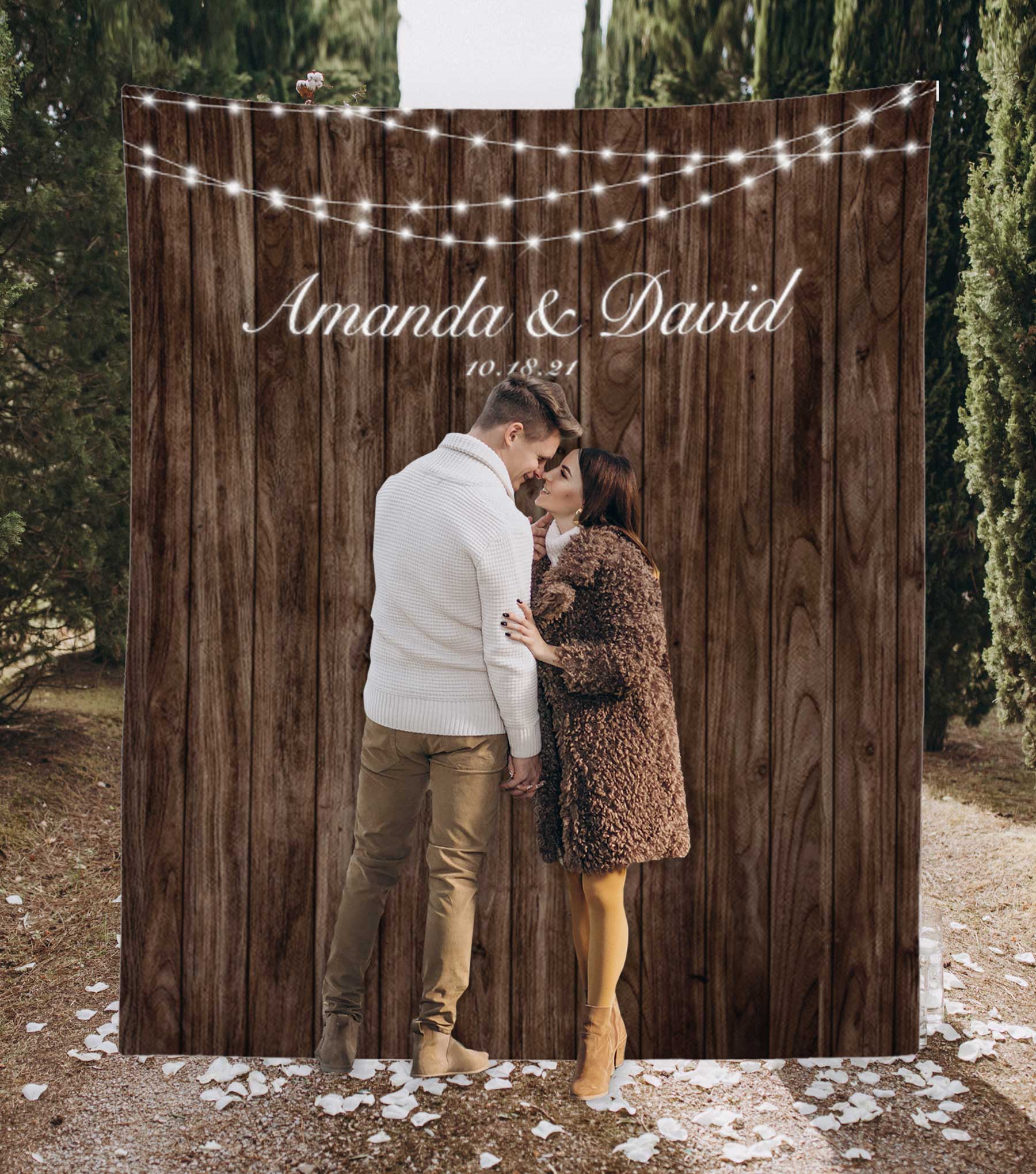 Rustic Wedding Photo Backdrop, String Lights Wedding Decor Backdrop - Blushing Drops