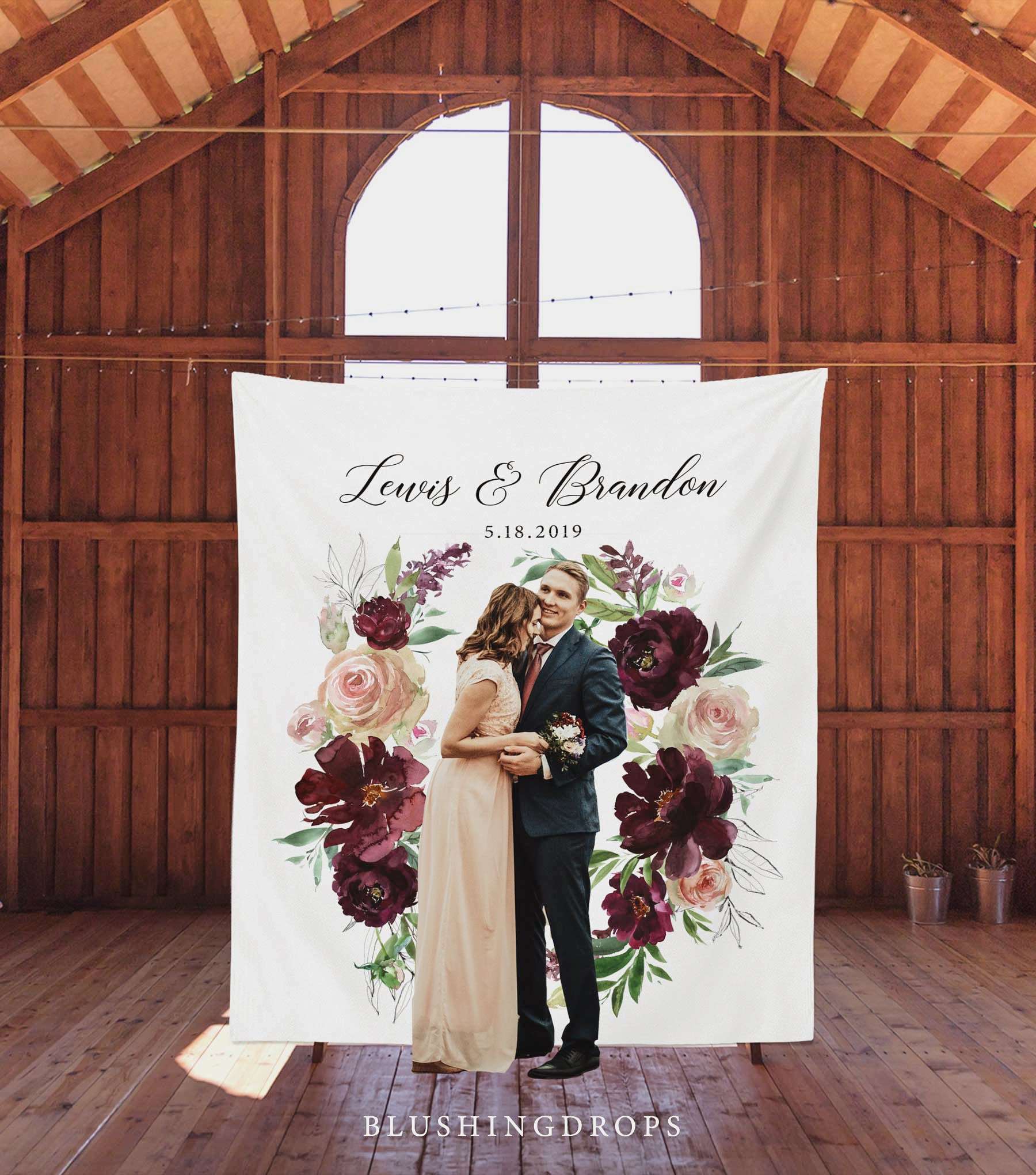 Elegant Burgundy Wedding Photo Booth Backdrop - Blushing Drops