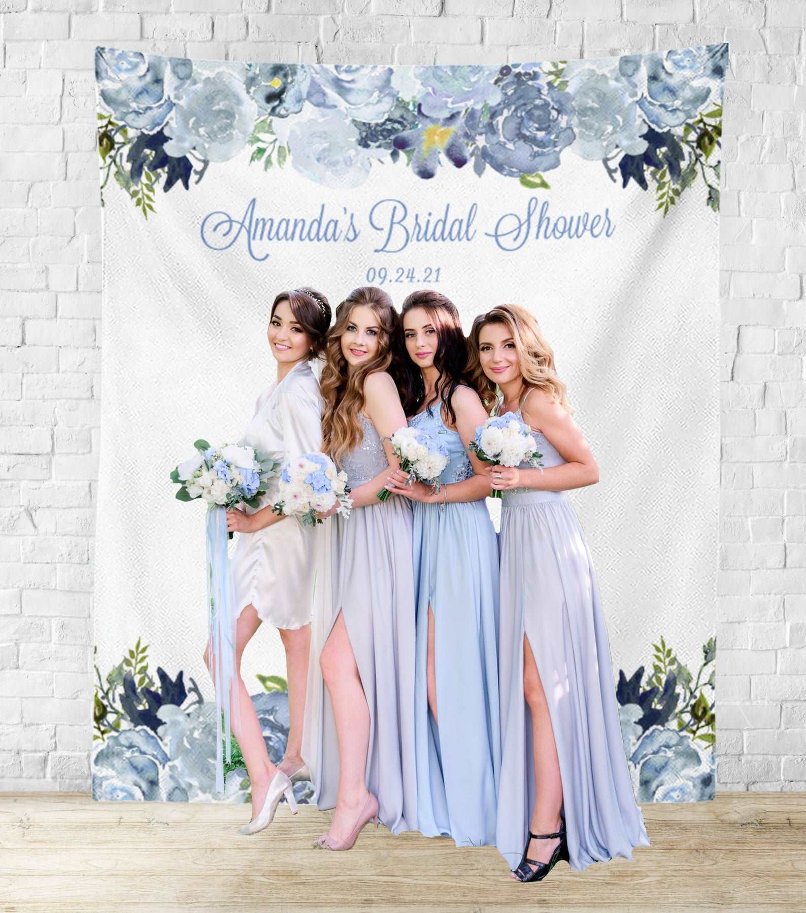 dusty blue bridal shower photo backdrop decorations