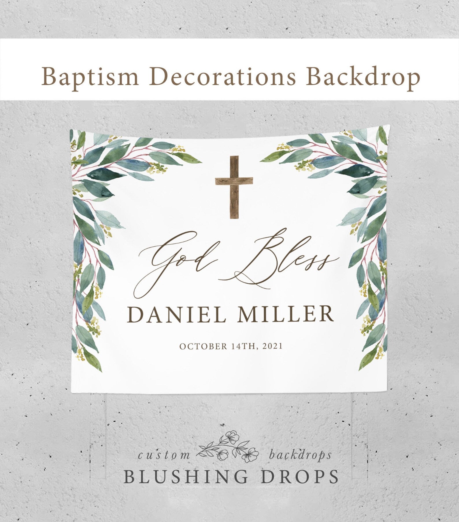 Greenery Rustic Baptism Celebration Table Backdrop