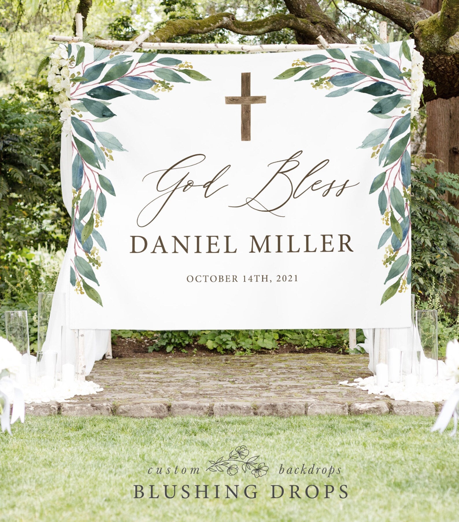 Greenery Rustic Baptism Celebration Table Backdrop