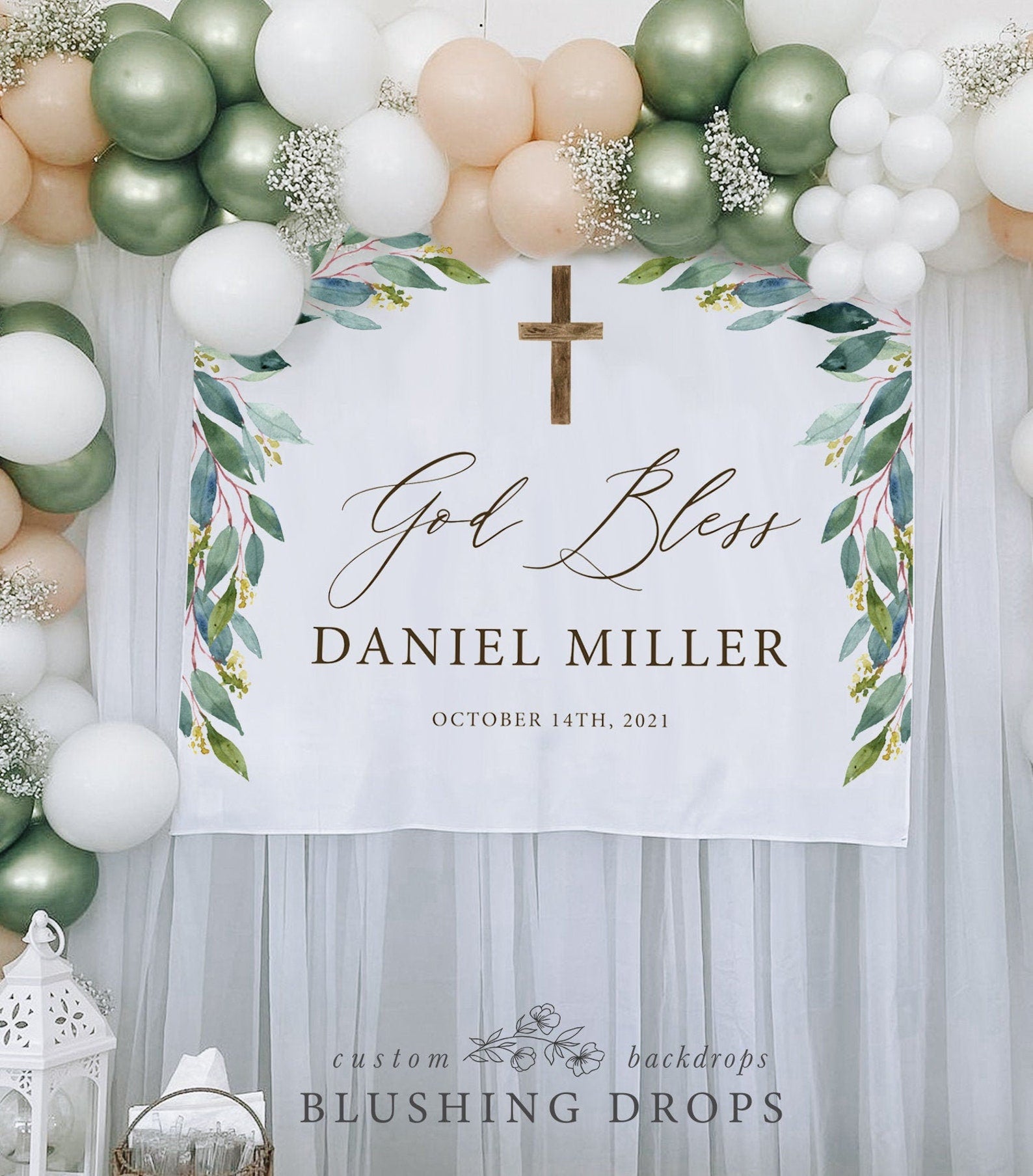 Greenery Rustic Baptism Celebration Table Backdrop