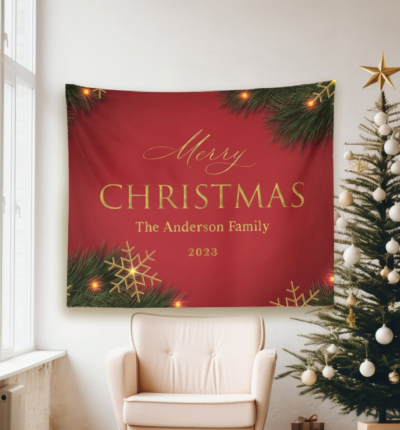 Decorative Christmas banner with personalized text hanging on a wall next to a Christmas tree.