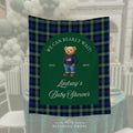 Baby shower backdrop with teddy bear design and plaid pattern