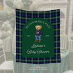 Baby shower backdrop with teddy bear design and plaid pattern