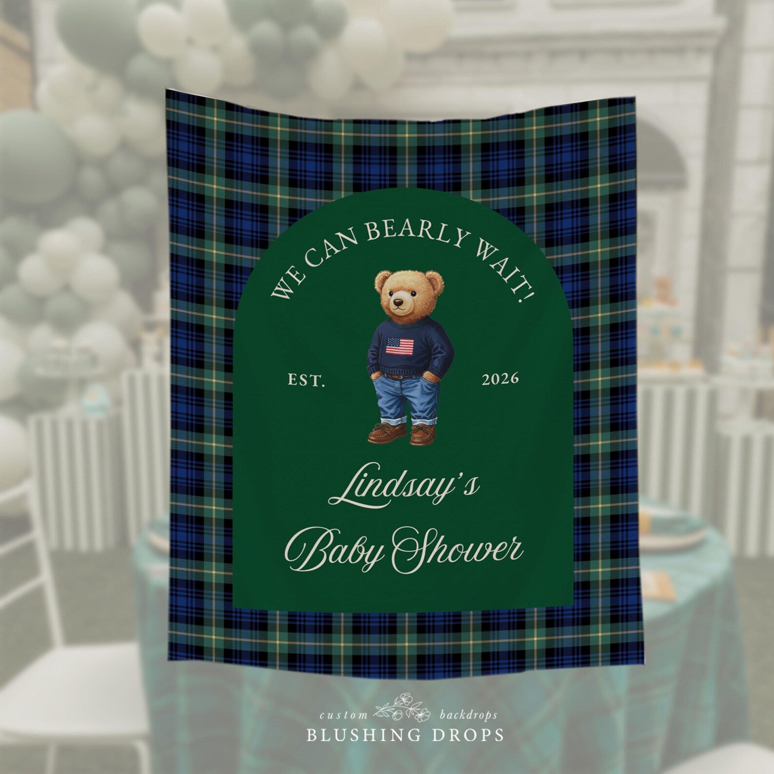 Baby shower backdrop with teddy bear design and plaid pattern