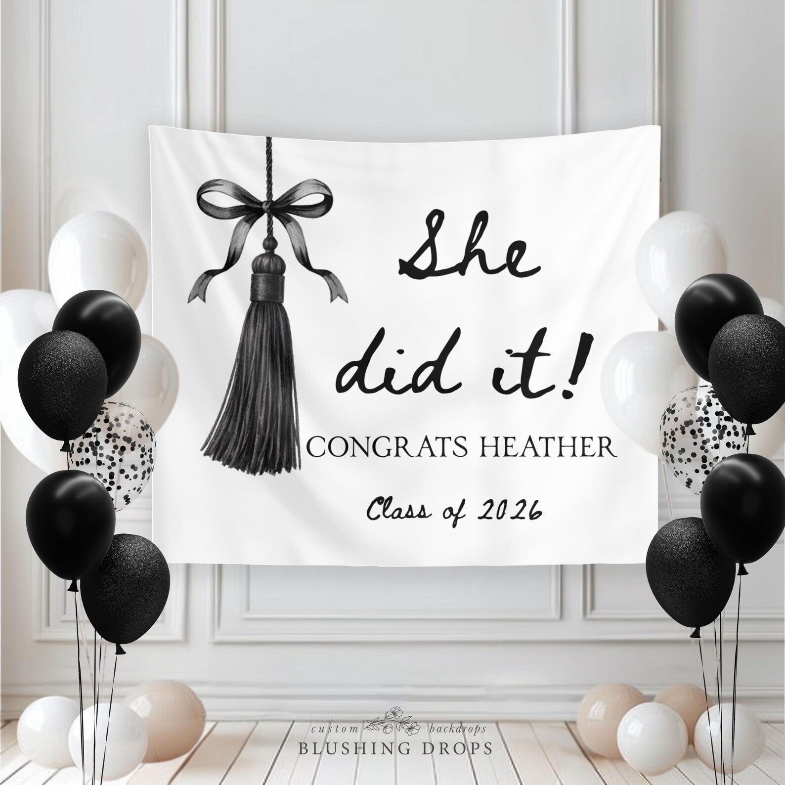 She Did It Black Bow Graduation Party Banner