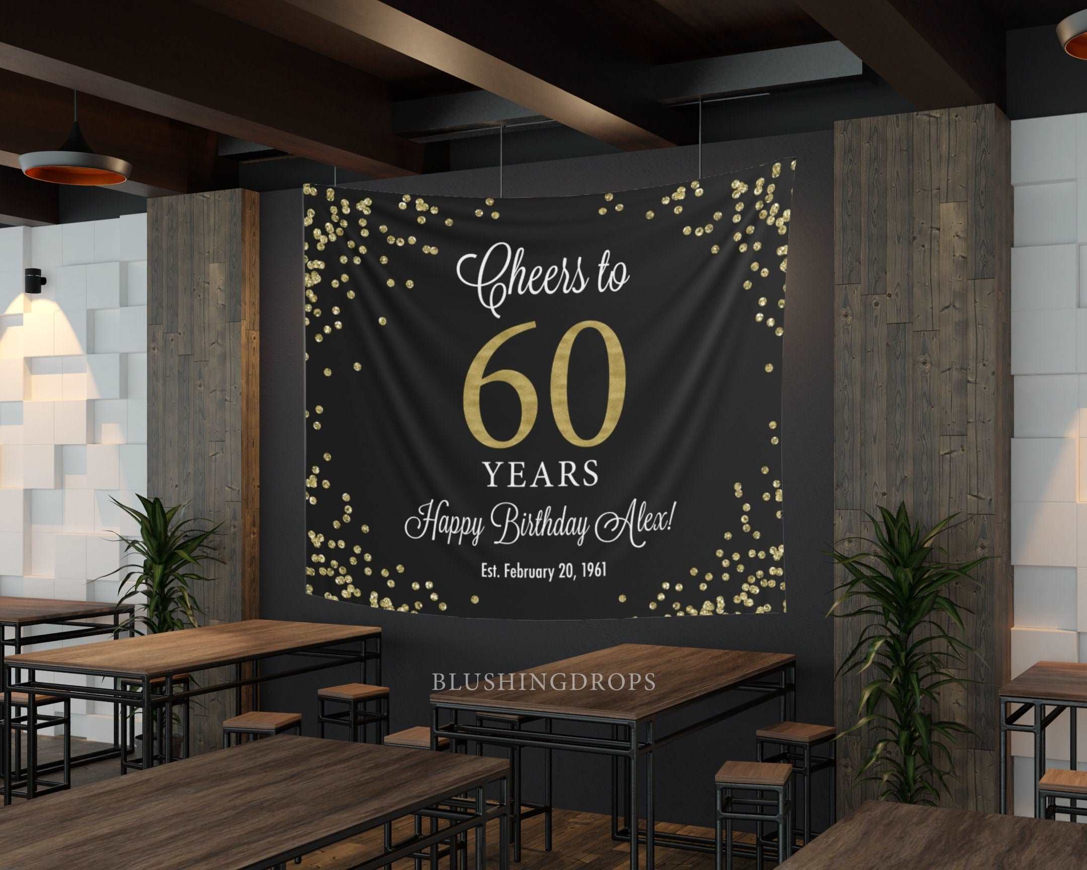 60th Birthday Backdrop, Happy 60th Birthday Backdrop, Cheers to 60th Backdrop, Black and Gold Birthday, 60th Birthday Party Decorations