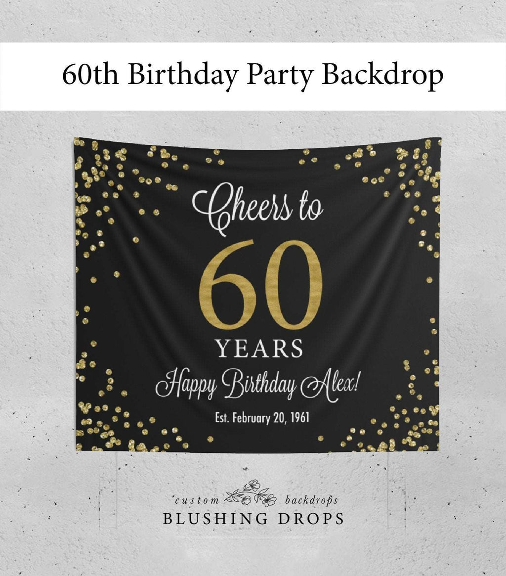 60th Birthday Backdrop, Happy 60th Birthday Backdrop, Cheers to 60th Backdrop, Black and Gold Birthday, 60th Birthday Party Decorations
