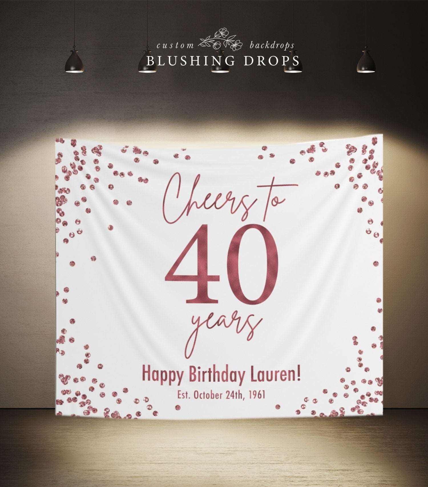 Rose Gold 40th Birthday Party Backdrop, Birthday Party Decorations for Women, Cheers To 40 Years, Happy 40th Birthday Banner, Hello Forty