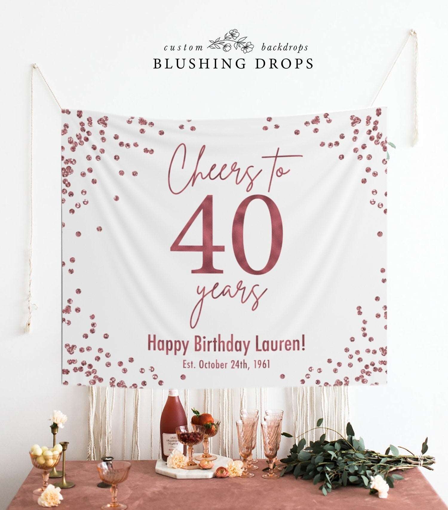 Rose Gold 40th Birthday Party Backdrop, Birthday Party Decorations for Women, Cheers To 40 Years, Happy 40th Birthday Banner, Hello Forty