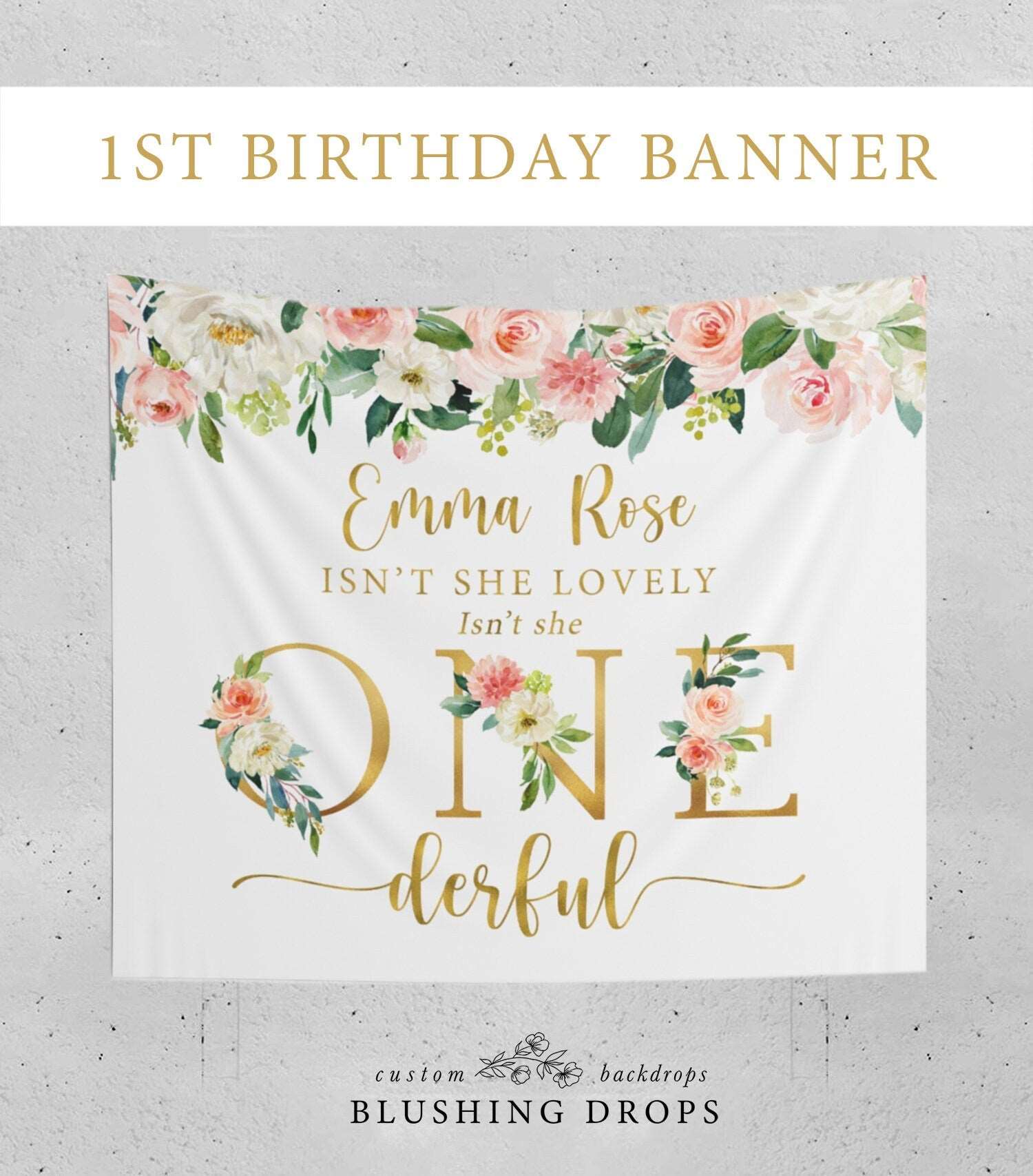 First Birthday Backdrop, Isn't She Onederful Birthday, Floral 1st Birthday Decorations Girl, 1st Birthday Banner, Onederful Banner