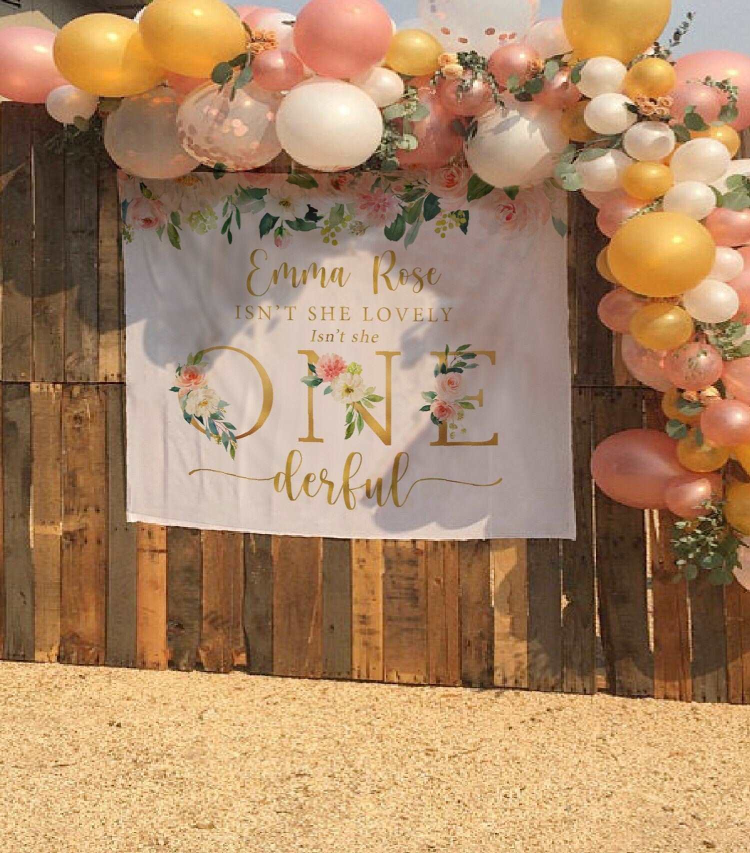 First Birthday Backdrop, Isn't She Onederful Birthday, Floral 1st Birthday Decorations Girl, 1st Birthday Banner, Onederful Banner