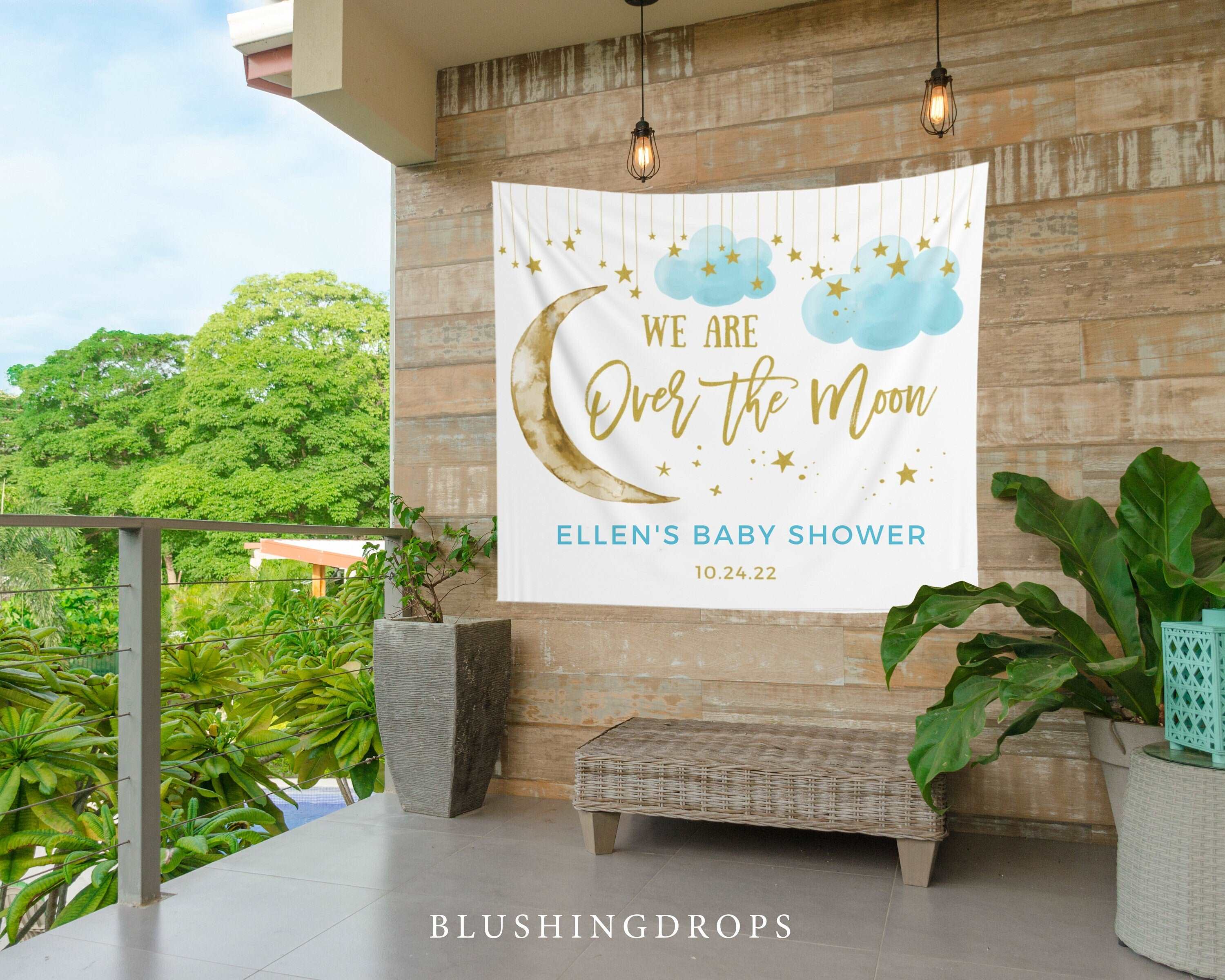 Over The Moon Backdrop, Over The Moon Baby Shower Decorations, Moon And Stars Baby Shower, Baby Shower Backdrop, Over The Moon Banner