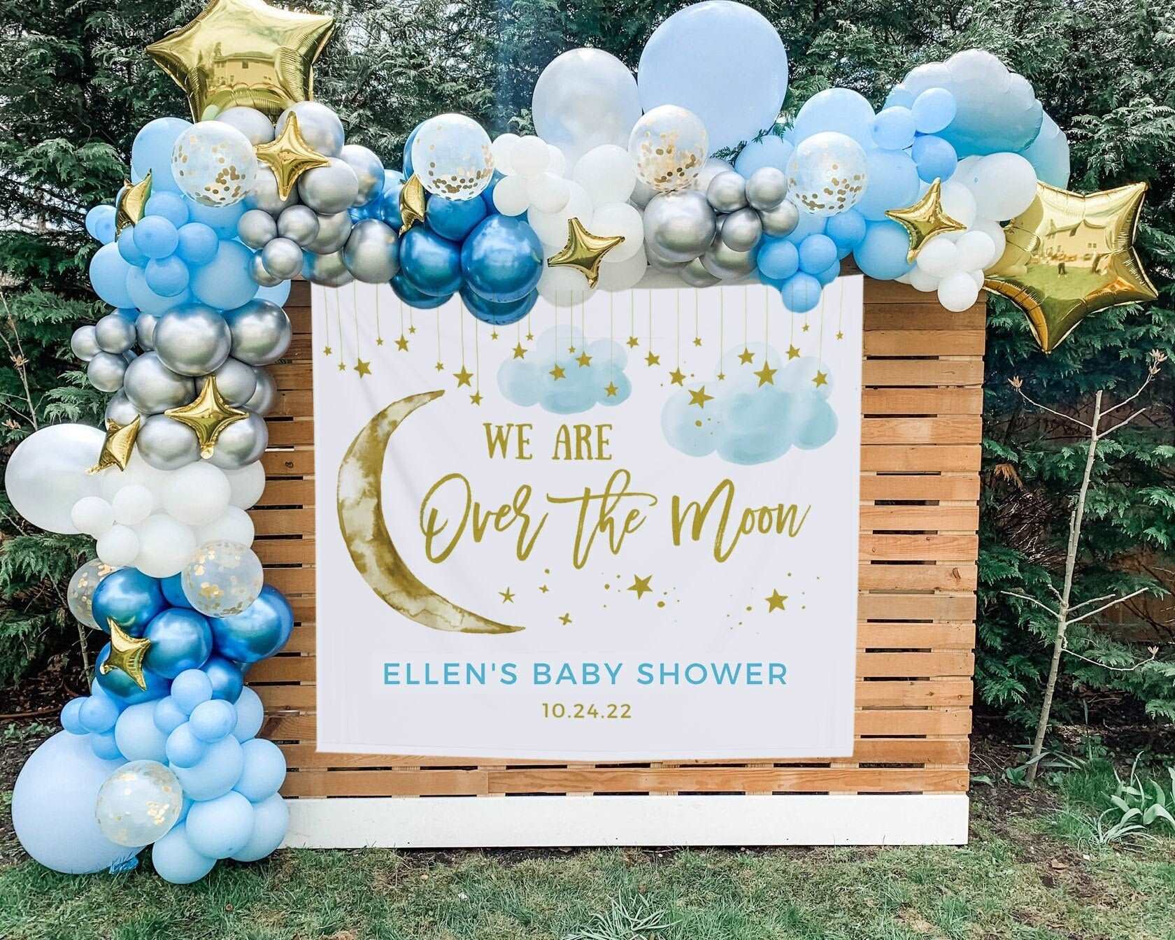 Over The Moon Backdrop, Over The Moon Baby Shower Decorations, Moon And Stars Baby Shower, Baby Shower Backdrop, Over The Moon Banner