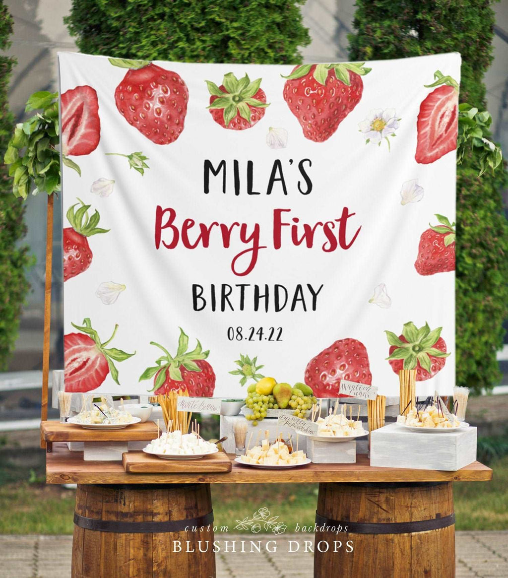 Strawberry Birthday Banner, Berry First Birthday Decorations, Girl First Birthday, Strawberry Backdrop, Berry Sweet Birthday Party Sign