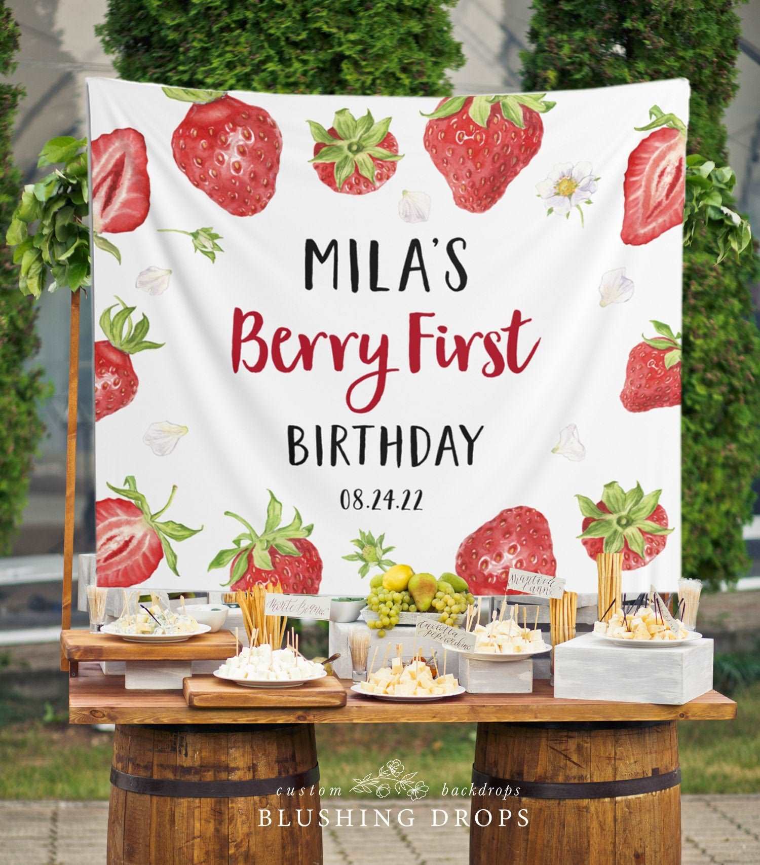 Strawberry Birthday Banner, Berry First Birthday Decorations, Girl First Birthday, Strawberry Backdrop, Berry Sweet Birthday Party Sign