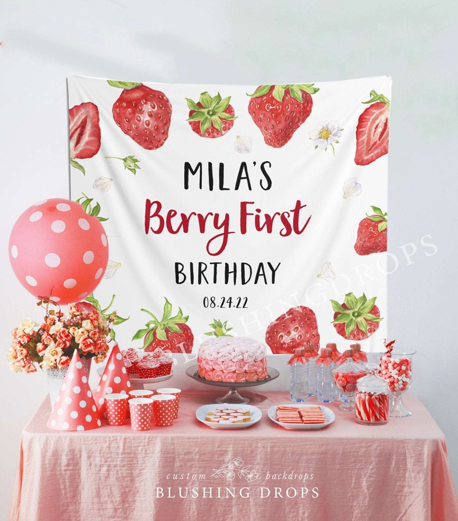 Strawberry Birthday Banner, Berry First Birthday Decorations, Girl First Birthday, Strawberry Backdrop, Berry Sweet Birthday Party Sign