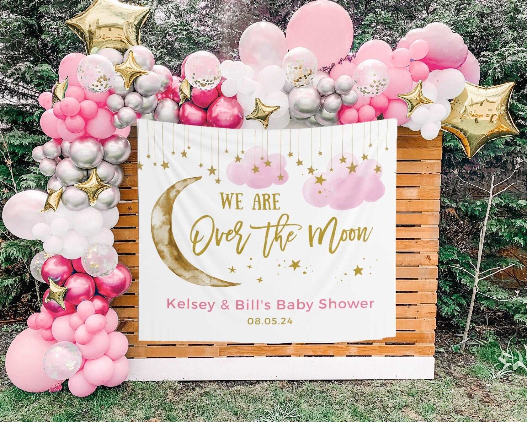 Over The Moon Baby Shower Decorations, Moon and Stars Baby Shower, Over The Moon Banner, Pink Clouds Baby Shower Backdrop, Girl Baby Shower