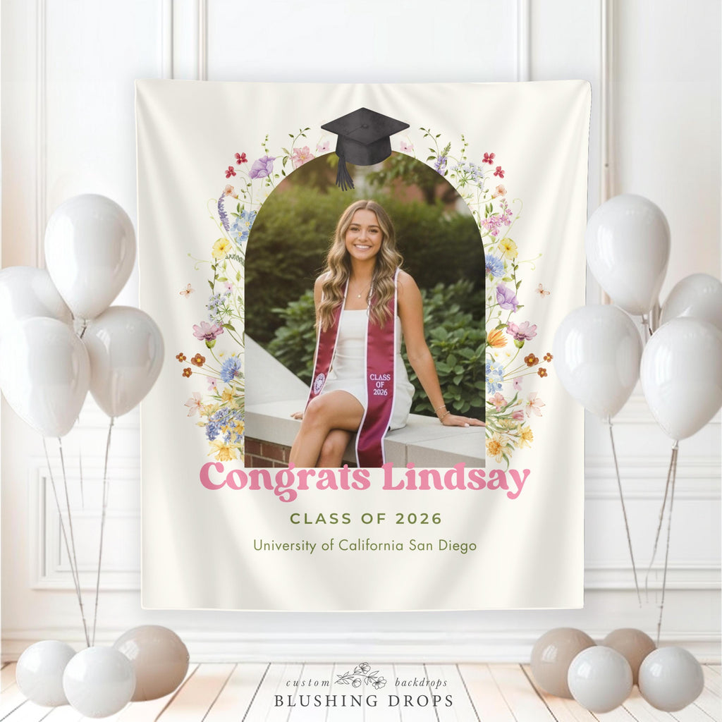 Wildflower Graduation Photo Backdrop, Congrats Grad Banner, Class of 2026, Floral Graduation Backdrop Decorations, Wildflower Grad Sign