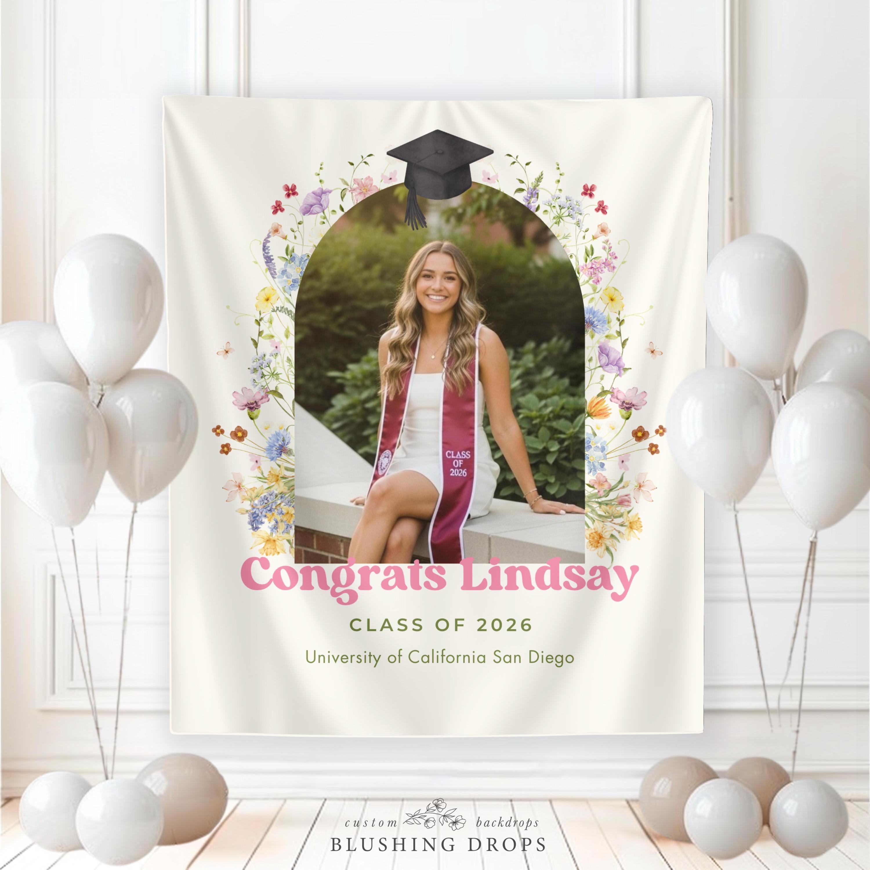 Wildflower Graduation Photo Backdrop, Congrats Grad Banner, Class of 2026, Floral Graduation Backdrop Decorations, Wildflower Grad Sign