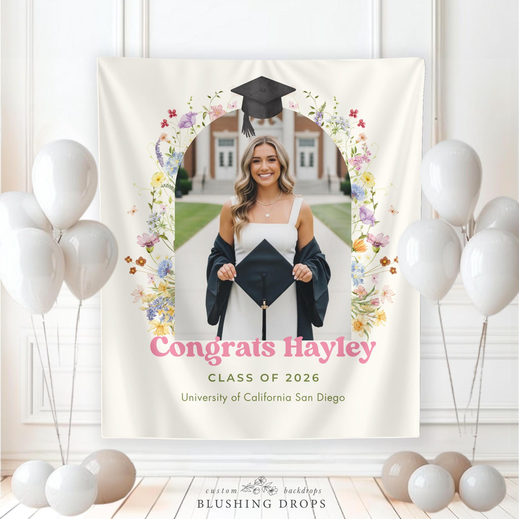 Wildflower Graduation Photo Backdrop, Congrats Grad Banner, Class of 2026, Floral Graduation Backdrop Decorations, Wildflower Grad Sign