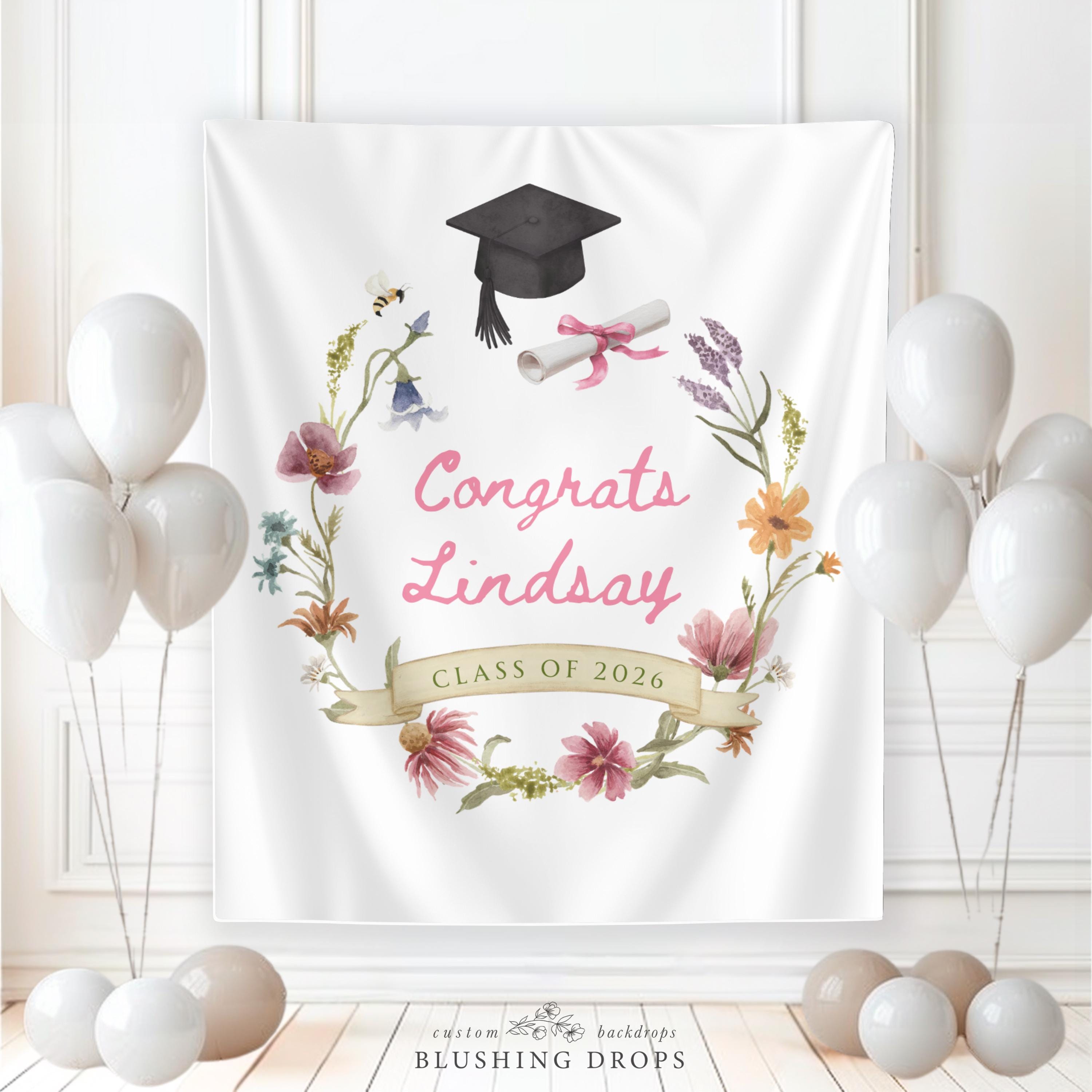 Wildflower Graduation Banner, Class of 2026 Sign, Custom Graduation Banner Fabric, Floral Graduation Party Backdrop, Congrats Grad Backdrop