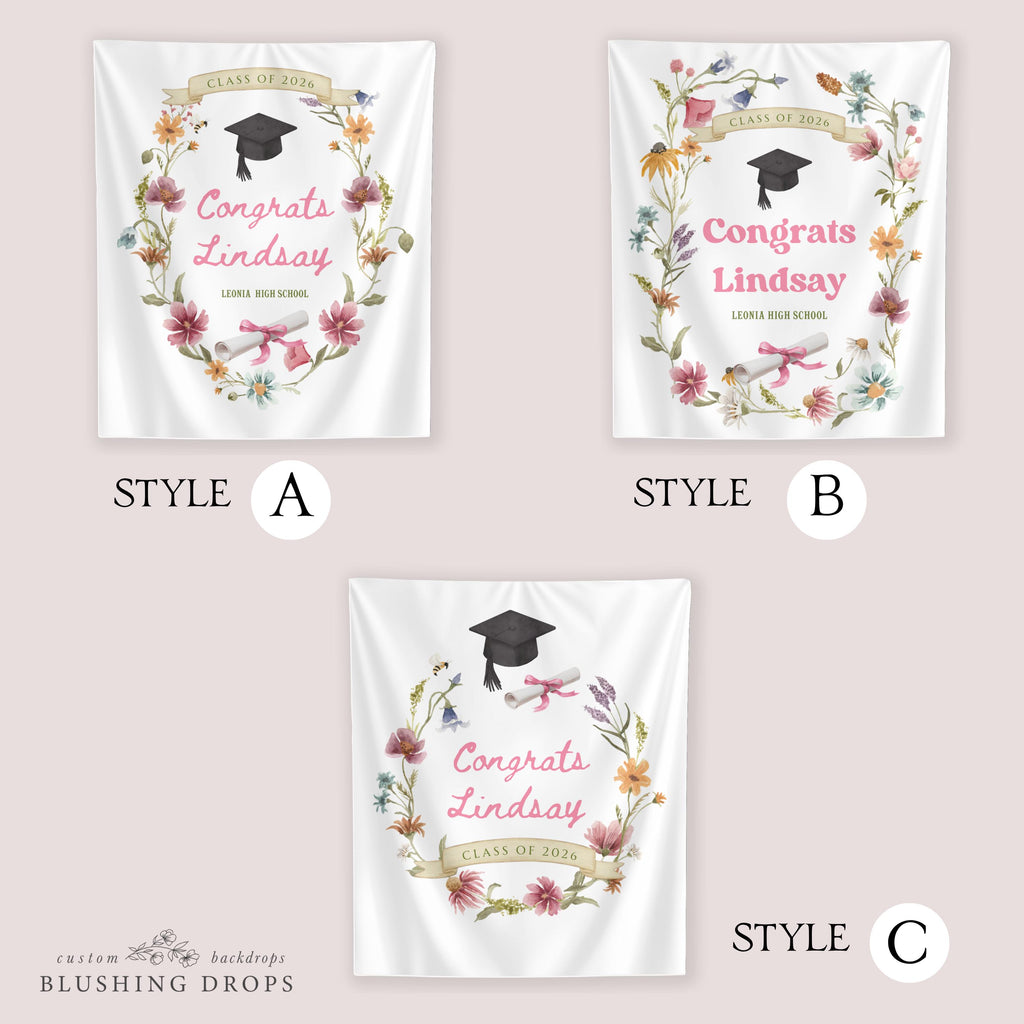 Wildflower Graduation Banner, Class of 2026 Sign, Custom Graduation Banner Fabric, Floral Graduation Party Backdrop, Congrats Grad Backdrop