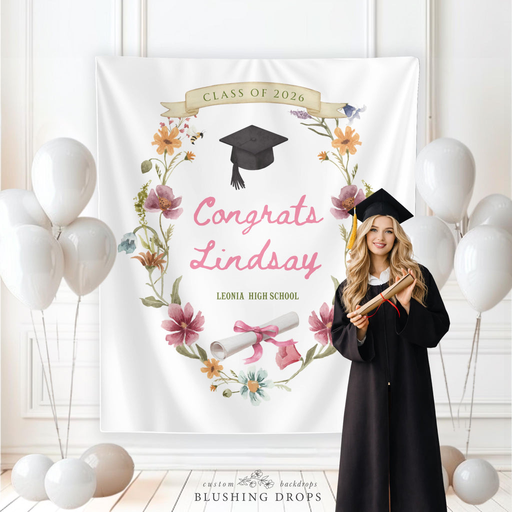 Wildflower Graduation Banner, Class of 2026 Sign, Custom Graduation Banner Fabric, Floral Graduation Party Backdrop, Congrats Grad Backdrop