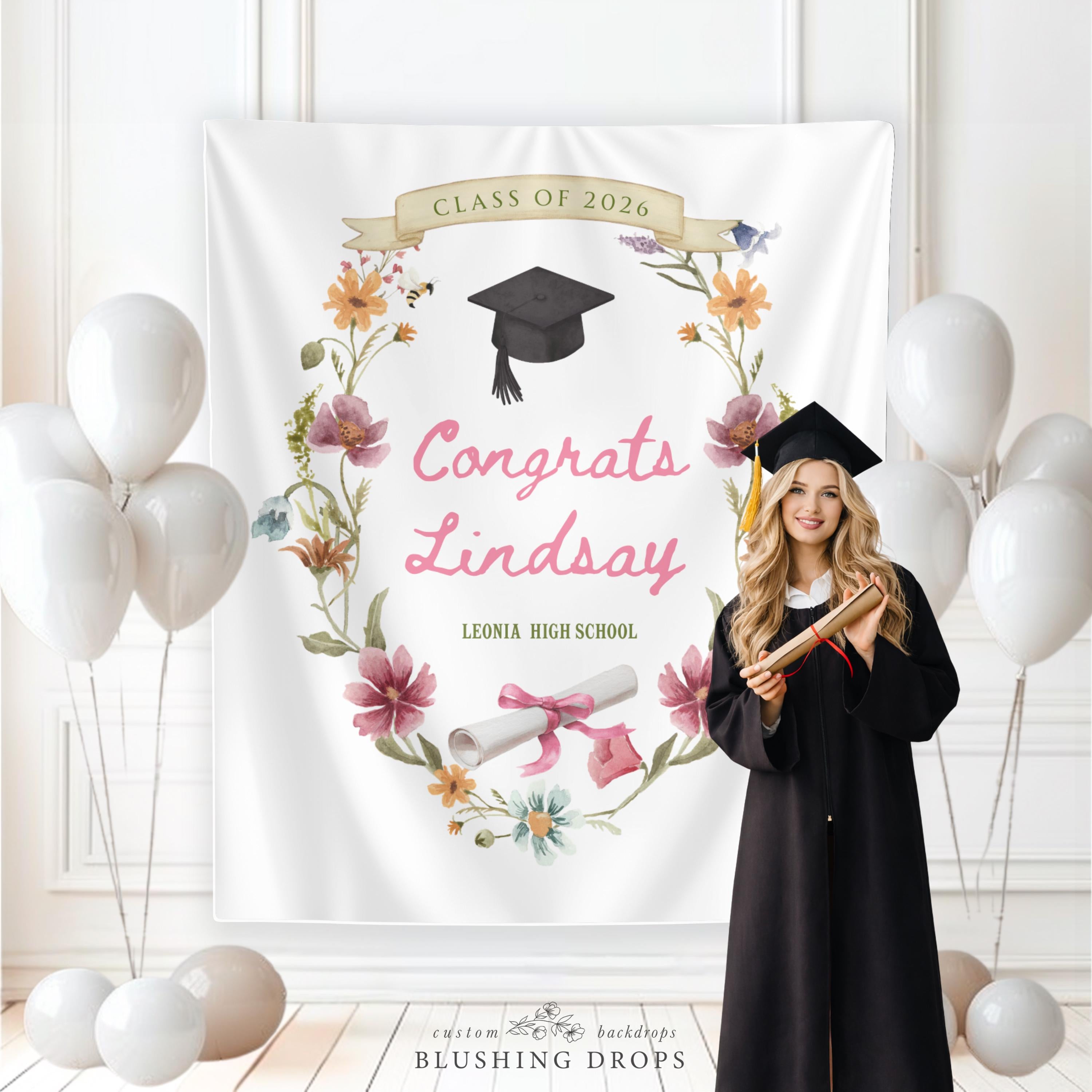 Wildflower Graduation Banner, Class of 2026 Sign, Custom Graduation Banner Fabric, Floral Graduation Party Backdrop, Congrats Grad Backdrop