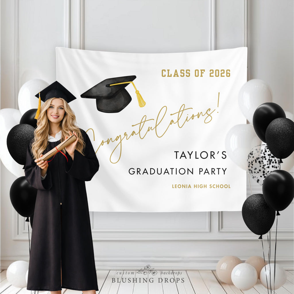 Class of 2026 Backdrop, Congrats Grad Banner, Personalized Graduation Backdrop, Black and Gold Grad Party Decorations, Custom Banner
