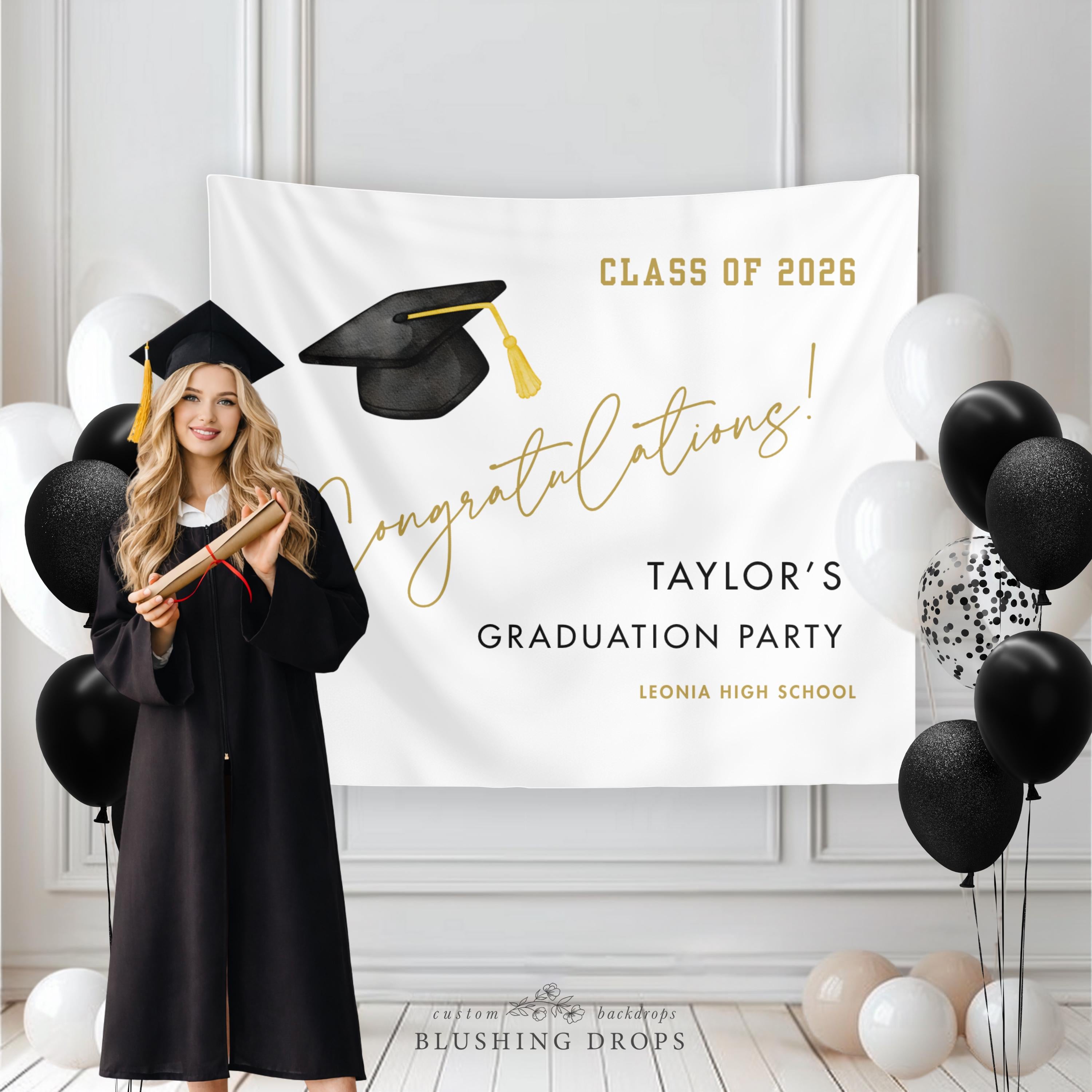 Class of 2026 Backdrop, Congrats Grad Banner, Personalized Graduation Backdrop, Black and Gold Grad Party Decorations, Custom Banner