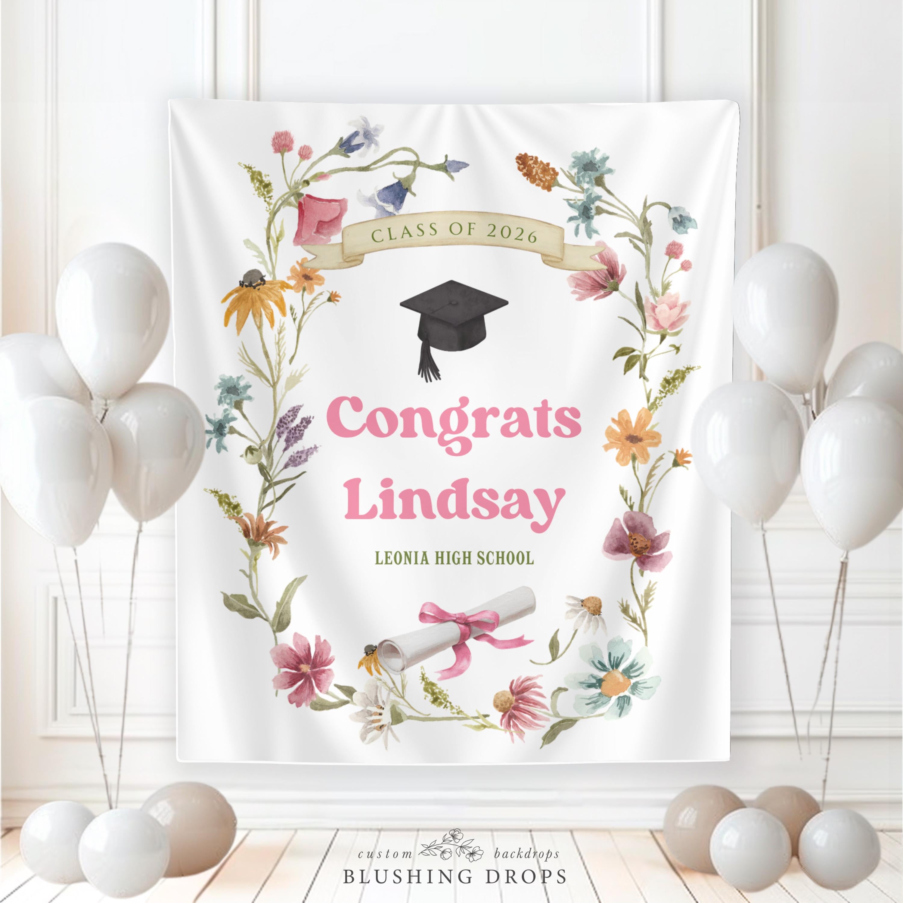 Wildflower Graduation Banner, Class of 2026 Sign, Custom Graduation Banner Fabric, Floral Graduation Party Backdrop, Congrats Grad Backdrop