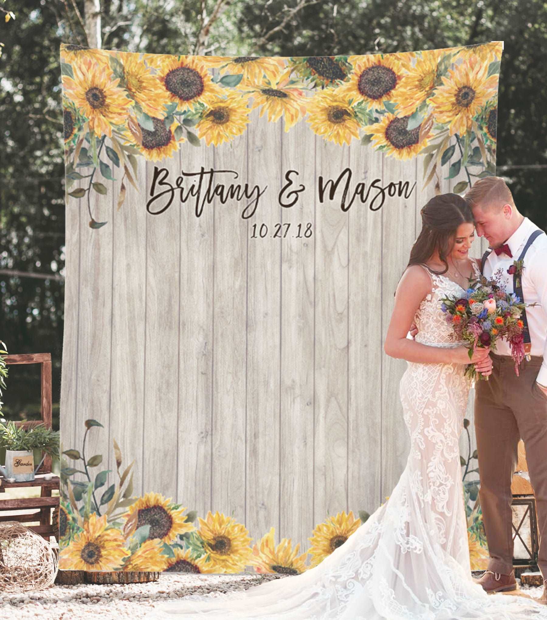 Rustic Sunflower Wedding Photo Booth Fabric Backdrop - Blushing Drops