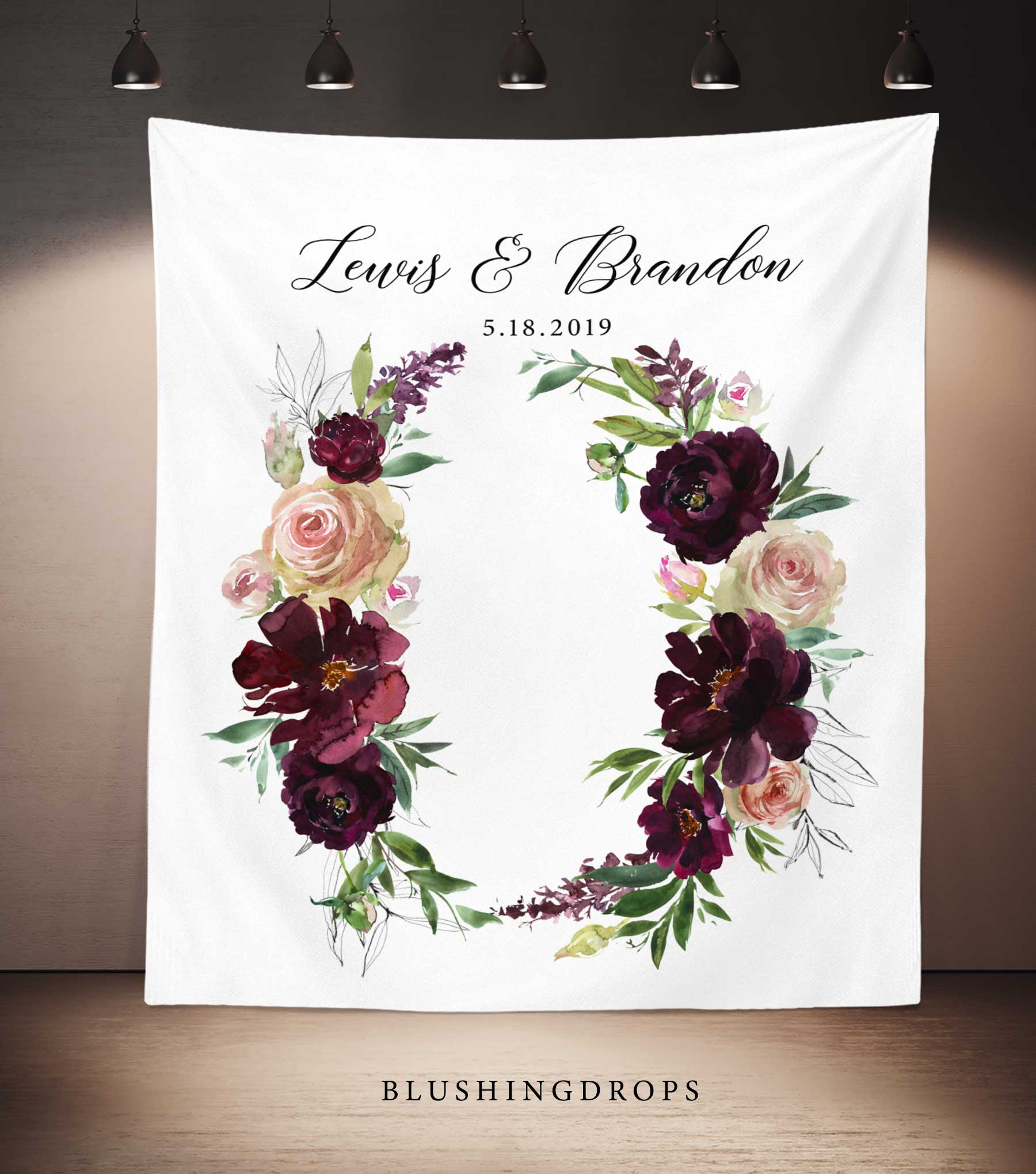 Elegant Burgundy Wedding Photo Booth Backdrop - Blushing Drops
