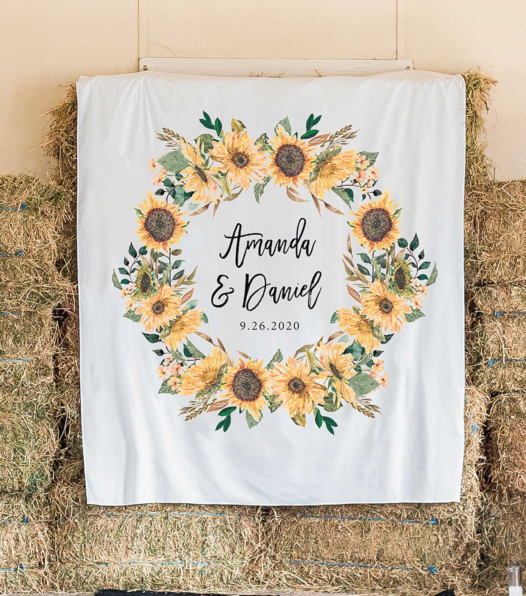 Country Sunflower Themed Wedding Photo Backdrop Design - Blushing Drops