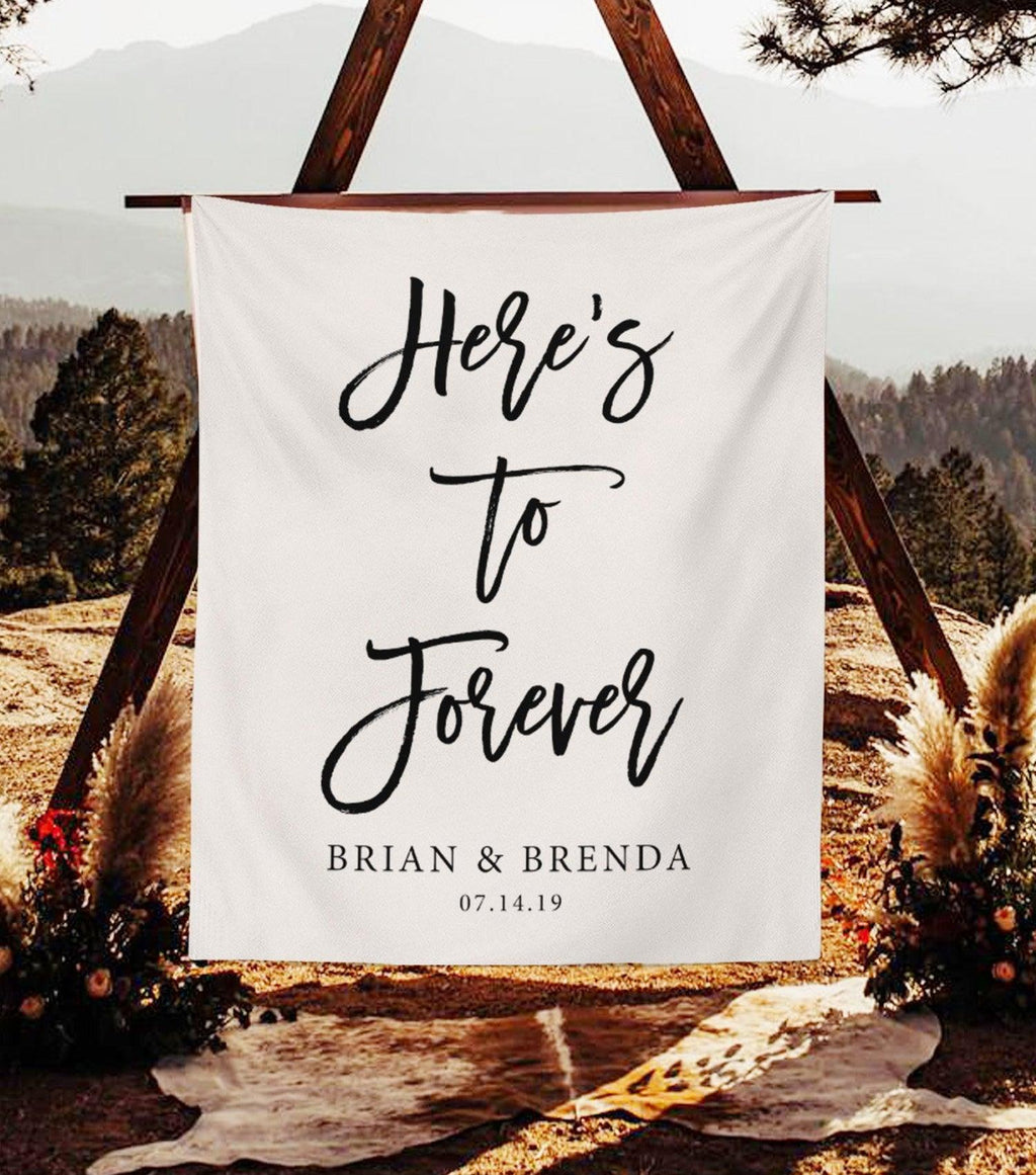Here's To Forever Banner | Custom Wedding Backdrop for Reception - Blushing Drops