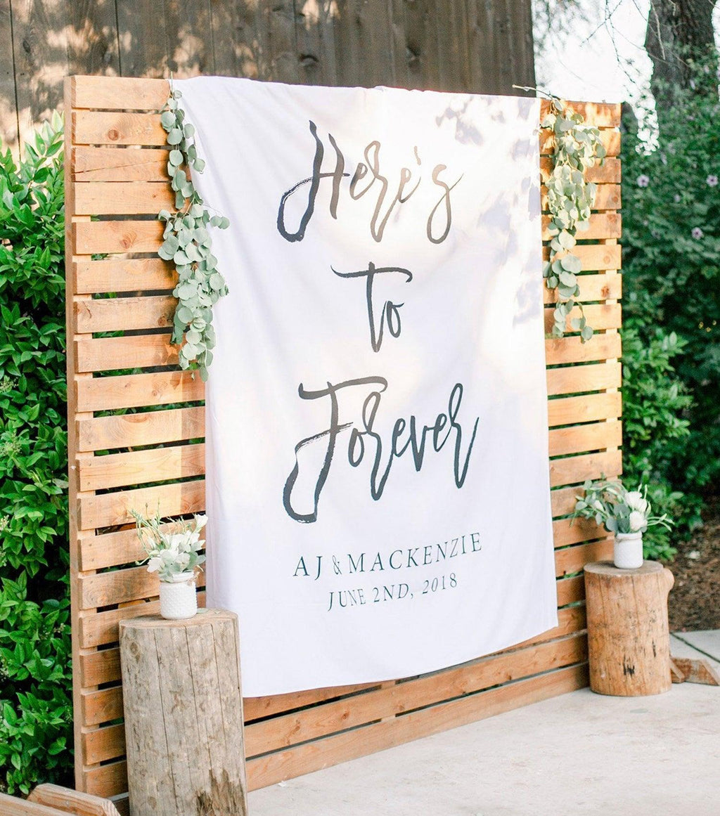 Here's To Forever Banner | Custom Wedding Backdrop for Reception - Blushing Drops