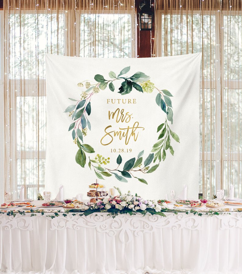 Greenery Wreath Future Mrs Backdrop Design - Blushing Drops