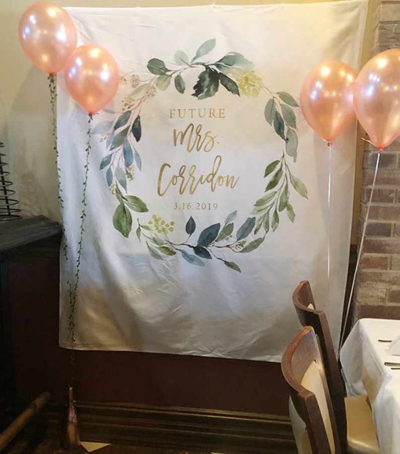 Greenery Wreath Future Mrs Backdrop Design - Blushing Drops