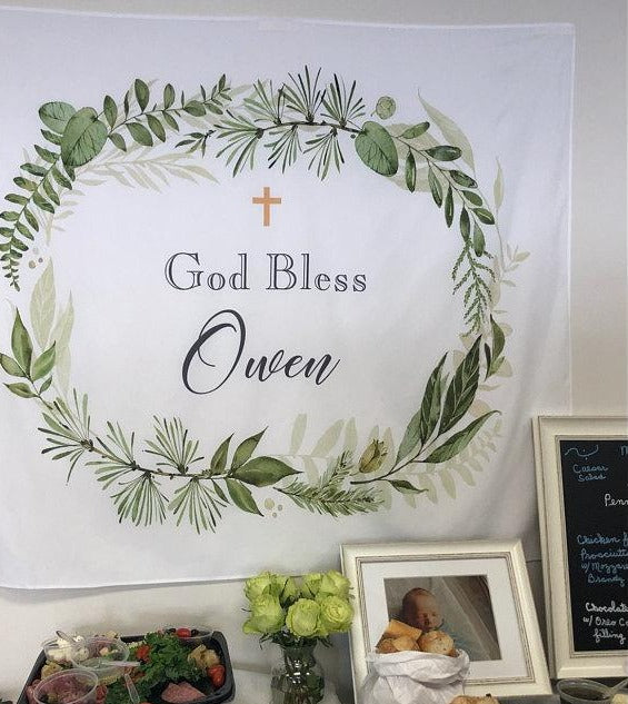 God bless banner, baptism celebration table decorations