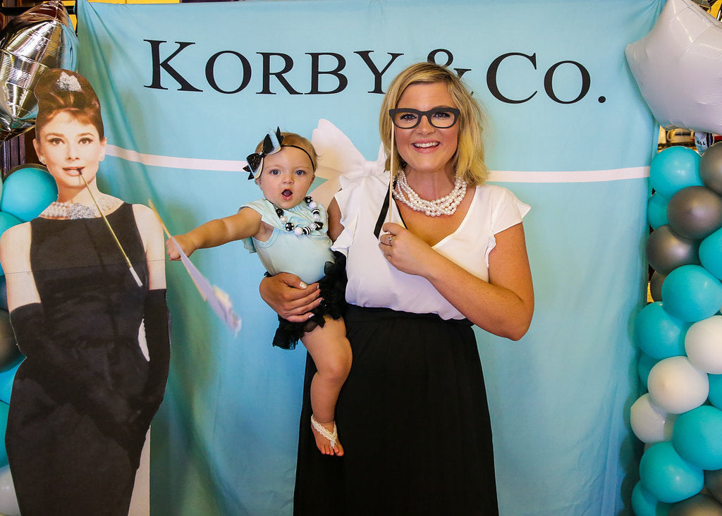 Robin Egg Blue Breakfast at Party Backdrop | White Bow Birthday Decorations - Blushing Drops