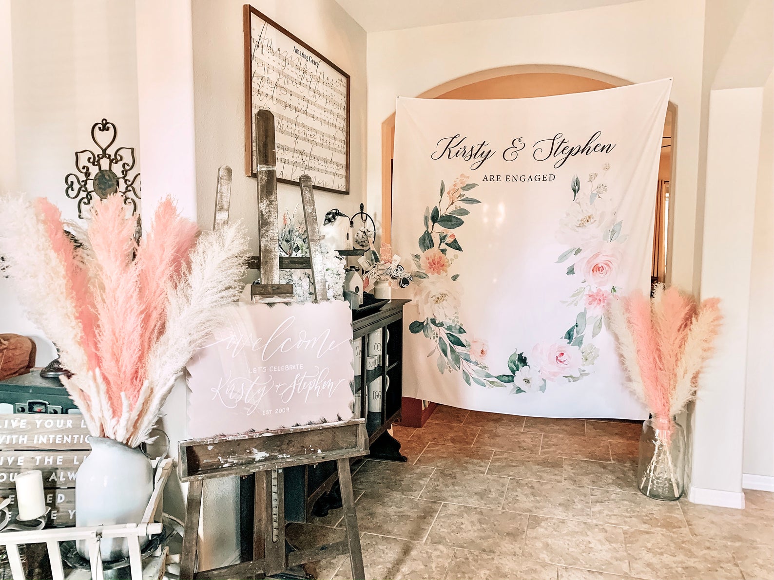 We're Engaged Banner | Floral Engagement Party Backdrop