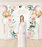 Floral Bridal Shower backdrop with bride to be