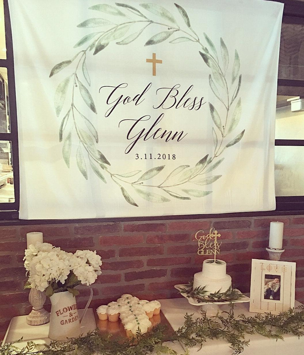 God Bless Baptism Backdrop | Personalized Baptism Celebration Banner - Blushing Drops