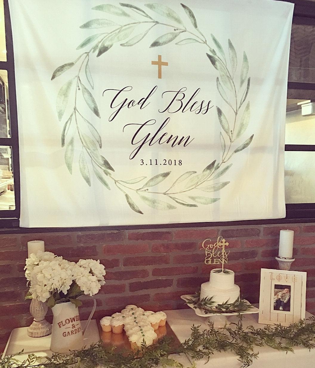 God Bless Baptism Backdrop | Personalized Baptism Celebration Banner - Blushing Drops