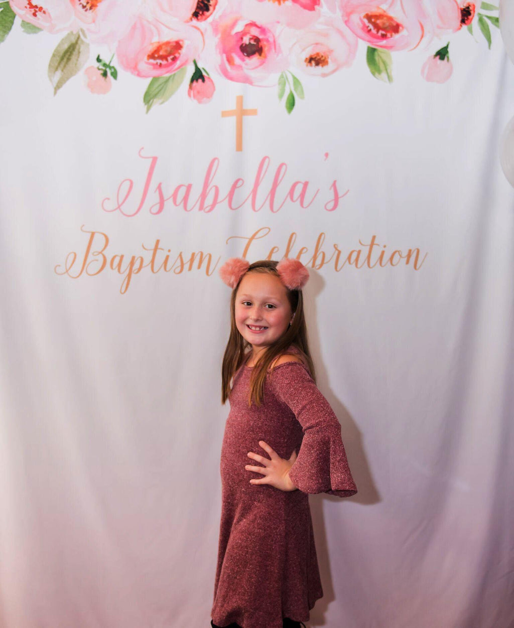 Girl Baptism Banner, Baptism Photo Booth, Pink Baptism Decoration - Blushing Drops