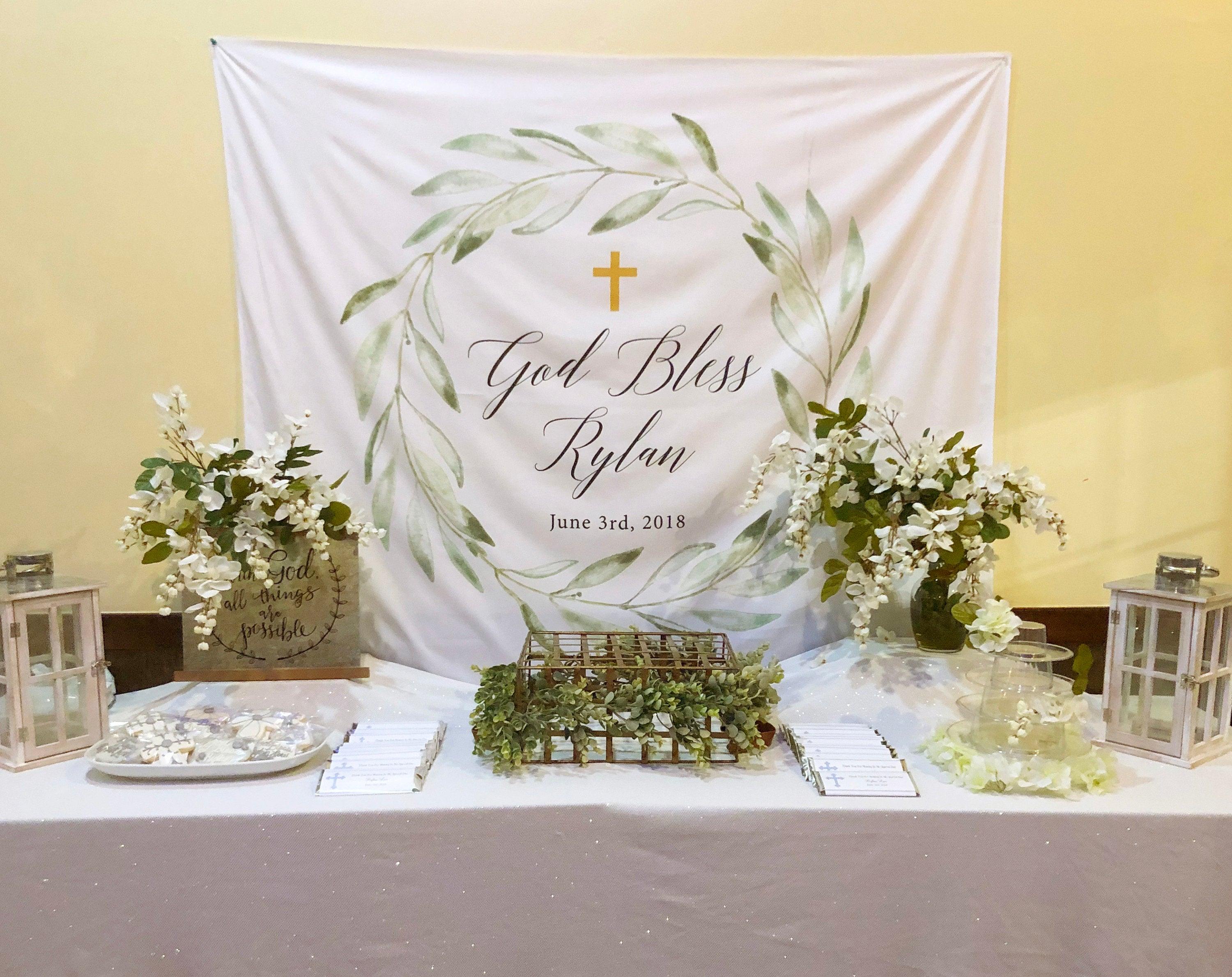 God Bless Baptism Backdrop | Personalized Baptism Celebration Banner - Blushing Drops